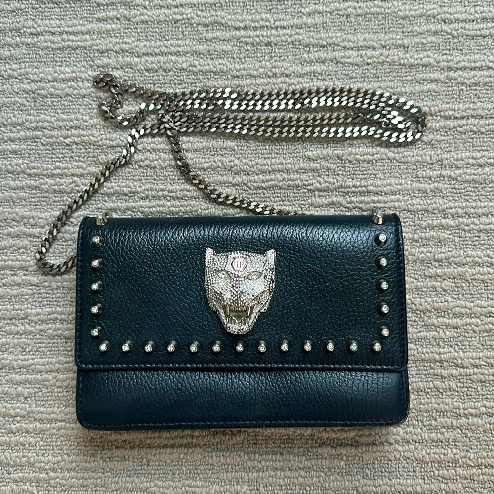 Authentic Philipp Plein Black Leather Crystal Embellished Crossbody Bag